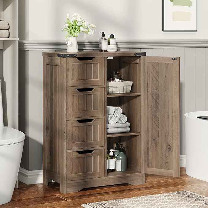 Vabches Farmhouse Bathroom Cabinet, Freestanding Storage Cabinet with 4 Drawers and 1 Door, Rustic Storage Organizer with Adjustable Shelf for Bathroom, Living Room, Entryway, Grey