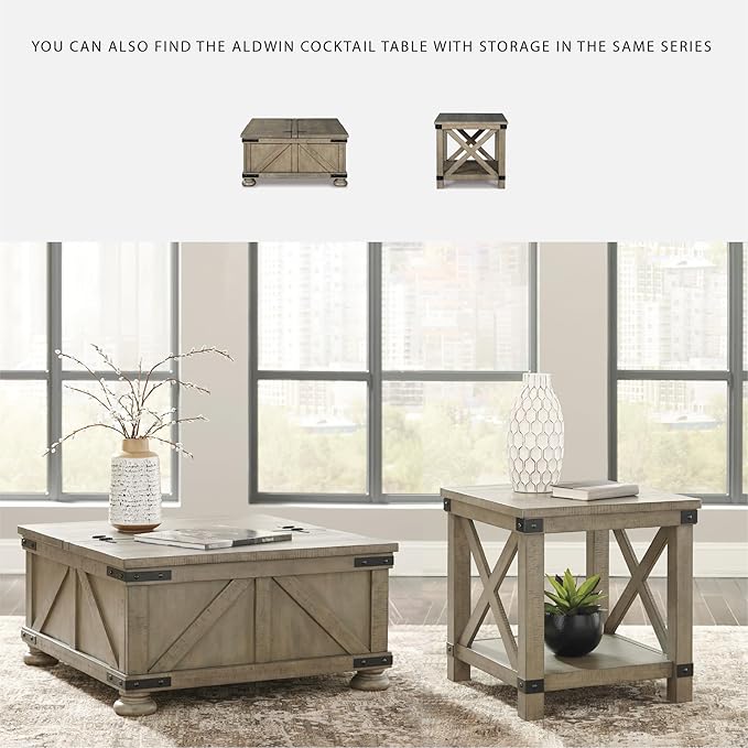 Signature Design by Ashley Aldwin Casual Farmhouse Rectangular End Table with Crossbuck Details, Metal Bracket Accents, Wood, 25" High, Weathered Gray