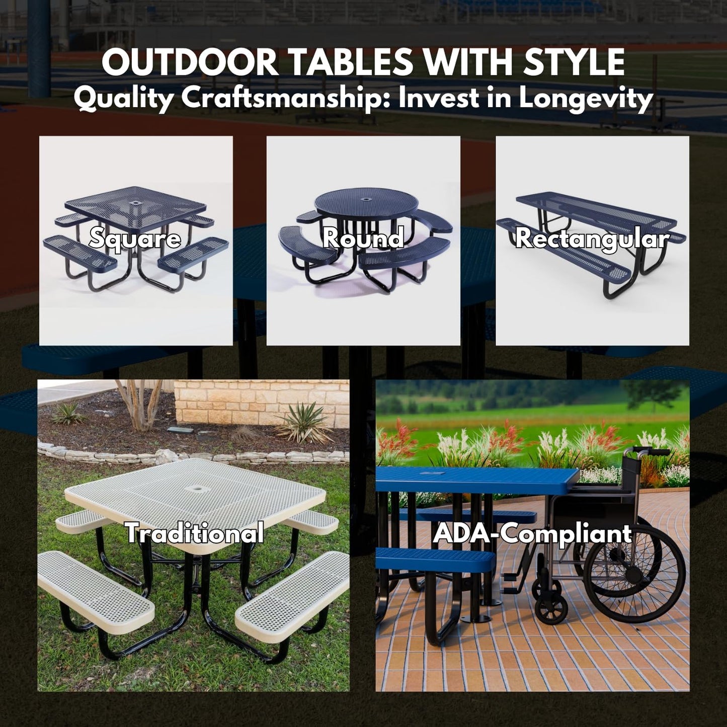 Heavy-Duty Portable Outdoor Picnic Table with Umbrella Hole, Punched Steel Patio Dining Furniture Made in America (46" Round Top, Yellow)