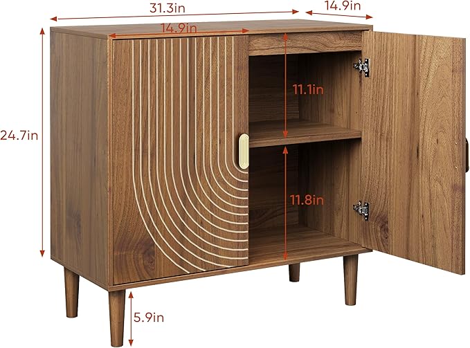 Ball & Cast 32" Modern Walnut Sideboard Cabinet with Line Groove Doors, Buffet & Accent Cabinet w/Adjustable Shelf & Solid Wood Legs for Living Room, Dining Room, Kitchen Coffee Bar & Entryway,Brown