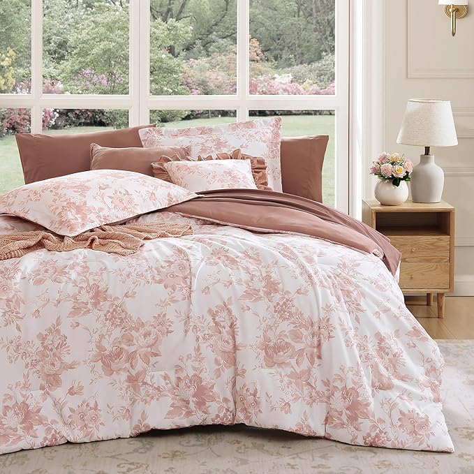 Twin XL Comforter Set -5 Pieces Floral Rose Bedding Set for All Seasons, Bed in a Bag with Botanical Flowers Comforter, Sheets, Pillowcase & Sham
