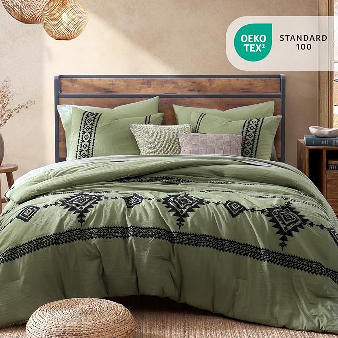 MaiRêve Embroidery King Size Comforter Set Light Olive Green, Farmhouse Western Boho Bedding Set 7 Pieces, All Season Bed in A Bag Comforter Set with Sheets, Pillowcases & Shams