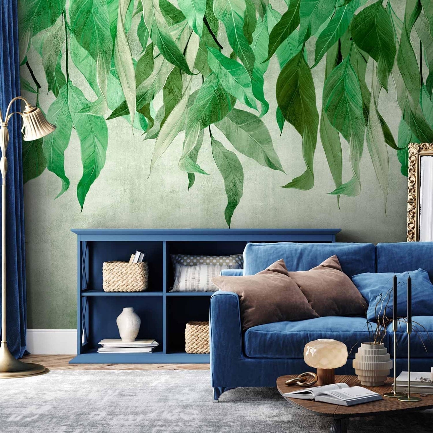 artgeist Wall Mural Hanging Leaves 154x110 in - Peel and Stick Self-Adhesive Wallpaper Removable Large Sticker Foil Wall Decor Print Picture Image Design Nature Botanical Concrete Green b-C-10146-a-a