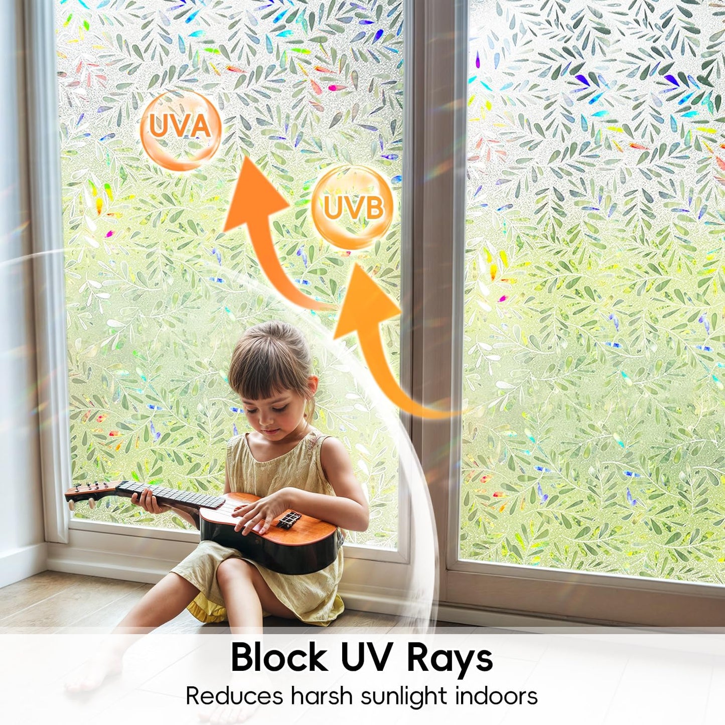 DUOFIRE Window Privacy Film Rainbow Window Film Decorative Leaves Pattern Window Cling Frosted Reusable Anti-UV Non-Adhesive Static Cling Privacy Film for Home Office 11.8 × 47.2 inches