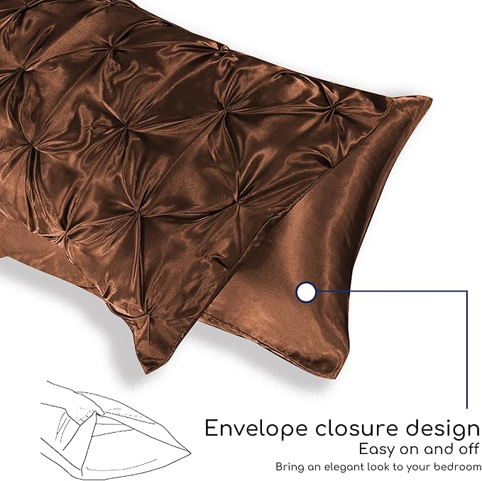 MR&HM Satin Comforter Twin 5 Pieces - Luxurious Pinch Pleat Bedding Set with Comforter, Flat Sheet, Fitted Sheet, Pillowcase & Sham, Super Silky Soft Bed Set for All Season (Twin, Brown)