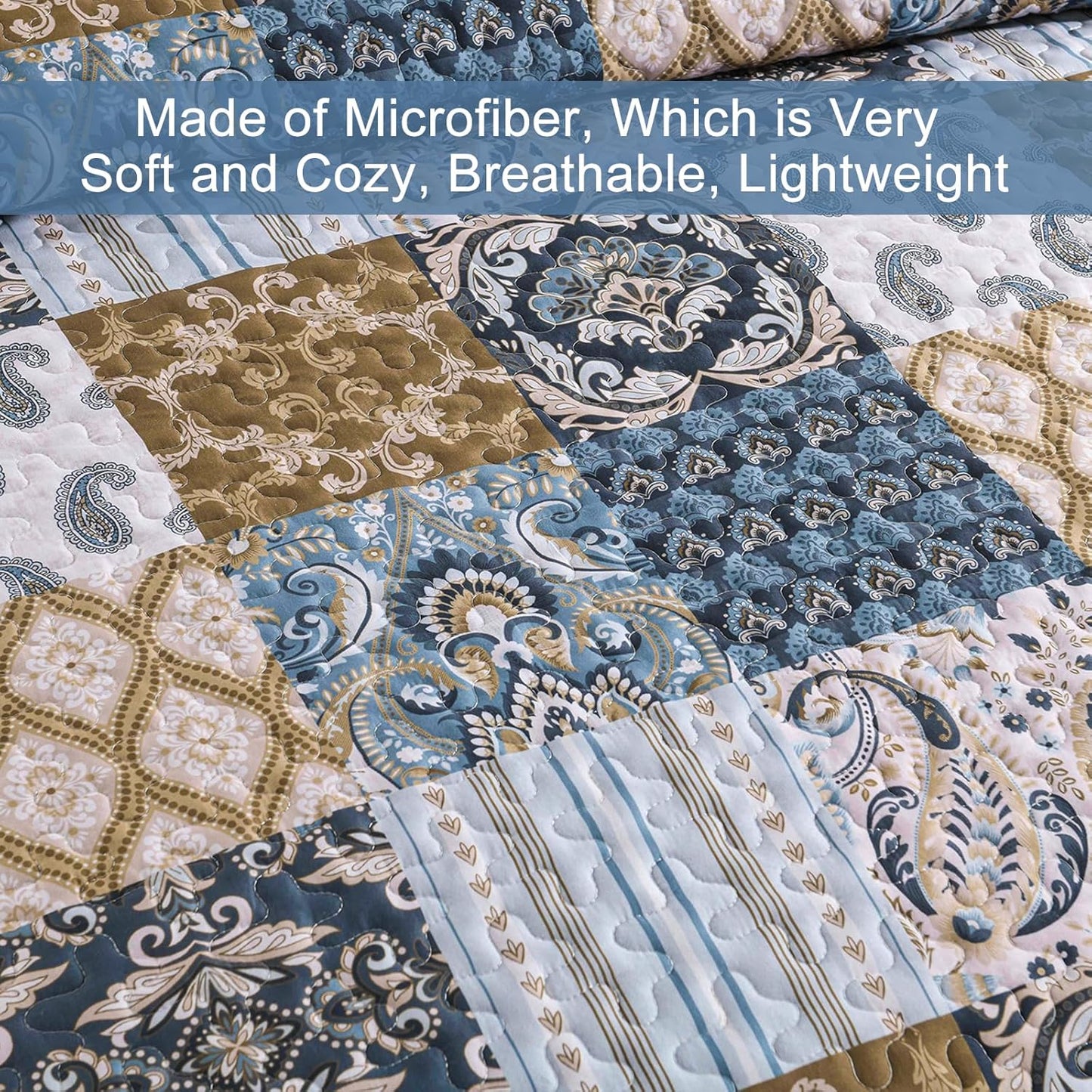 WONGS BEDDING Boho Quilt Set Queen Size, Blue Patchwork Plaid Bedspread Bedding Sets Paisley Soft Microfiber Quilts for Queen Bed 3 Pieces Coverlet Set for All Season (96"x90")