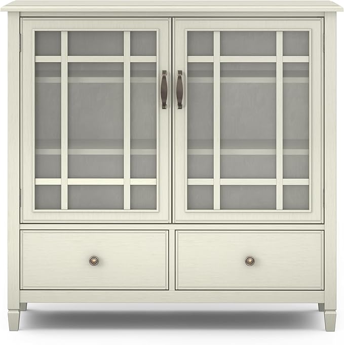 SIMPLIHOME Connaught Storage Cabinet - 46 inch Wide Solid Wood Tall Cabinet in Antique White, Traditional Console for Living Room or Dining Room with Glass Doors, Adjustable Shelves, and Drawers