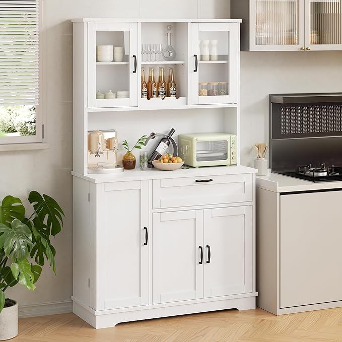 Shintenchi Kitchen Pantry Storage Cabinet, Freestanding Buffet Cabinet with Microwave Stand & 4 Door Shelves, Kitchen Hutch with Doors, Adjustable Shelves and Wine Rack, White