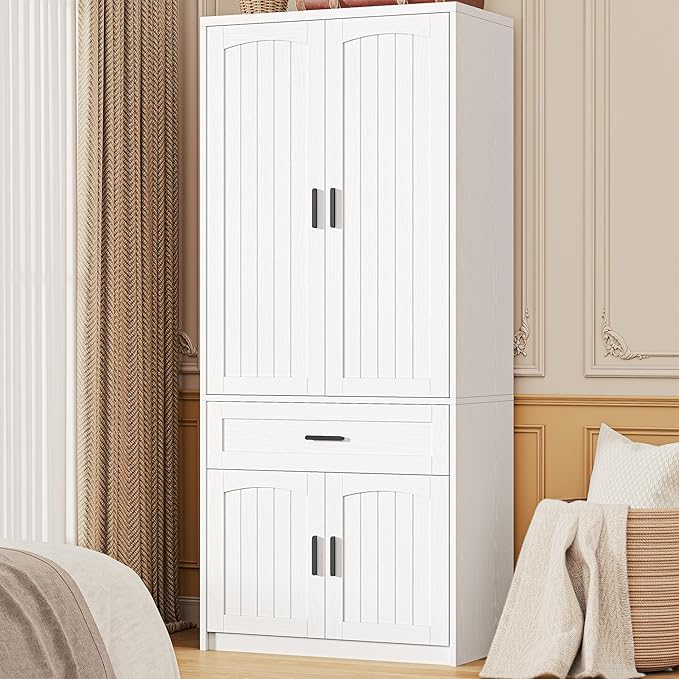 LIKIMIO 77" Tall Armoire Wardrobe Closet, Wooden Wardrobe with 4-Door and Drawer, White Clothes Storage Cabinet with Hanging Rod and Adjustable Shelves for Bedroom