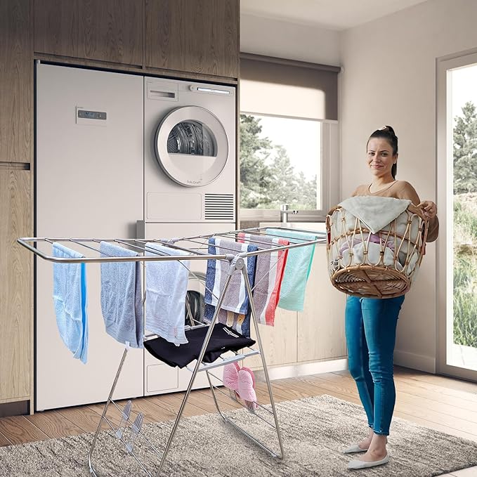 Clothes Drying Rack Foldable -Height Adjustable Laundry Drying Rack Large Space, Winged Laundry Rack with Sock Clips for Hanging Towels Clothes Dress Bedding Indoor Outdoor, Gray