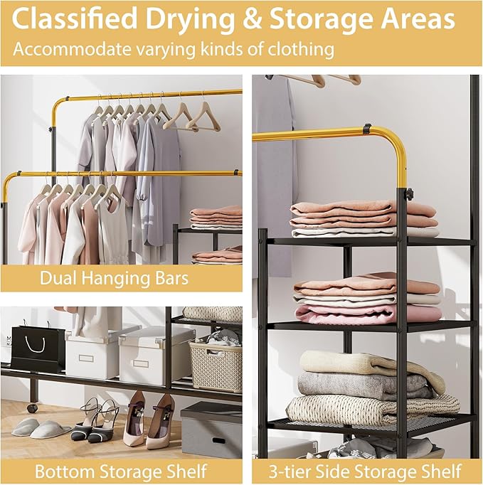 Tangkula Rolling Double Rods Garment Rack, Clothes Drying Rack with Height Adjustable Hanging Bars, Storage Shelves & Lockable Wheels, Heavy-duty Steel Clothing Rack for Indoor & Outdoor Use (Gold)