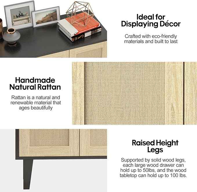 Panana Buffet Storage Cabinet with Rattan Decorating 4 Doors Living Room Kitchen Sideboard 48.43 x 34.65 x 15 inch (Black)