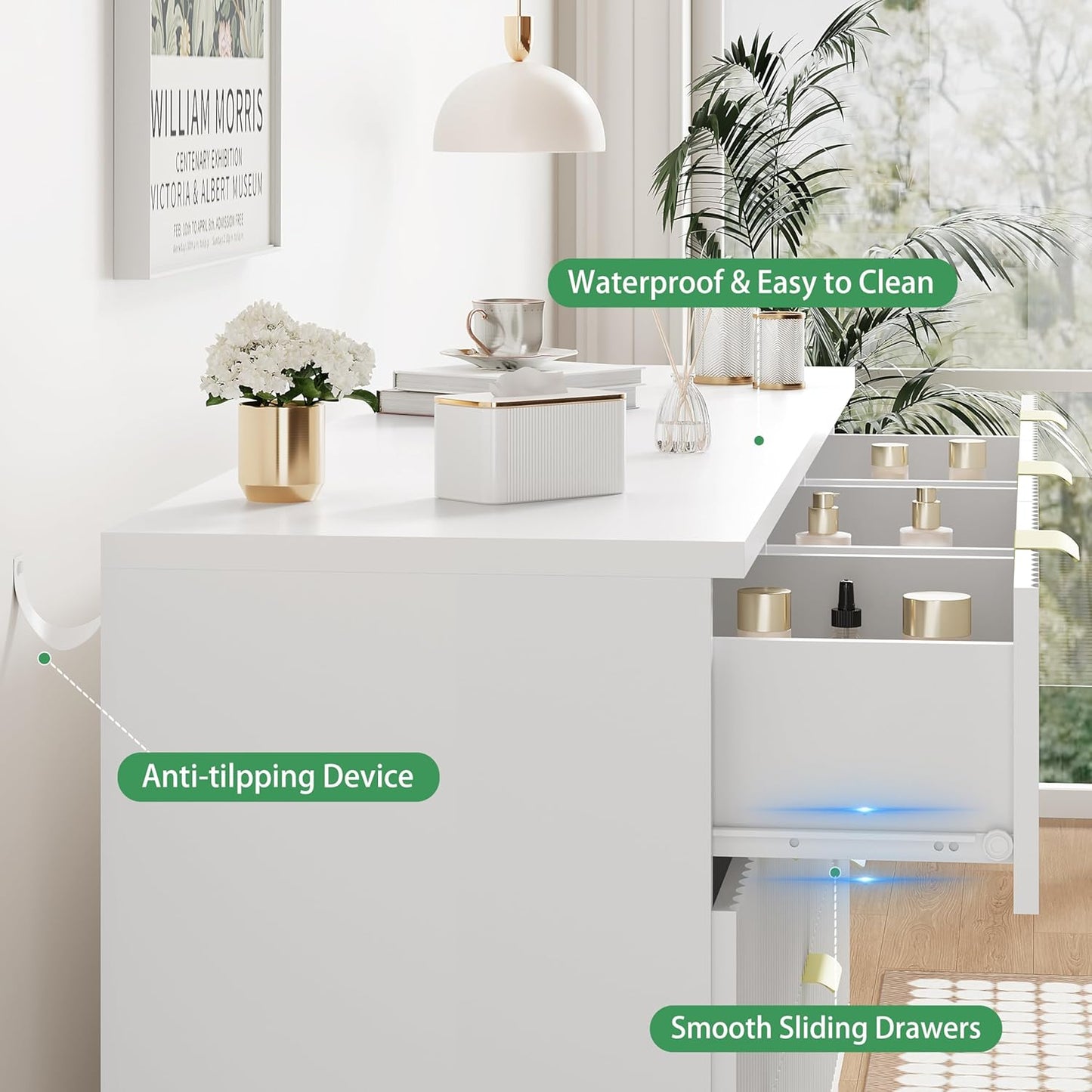 Fluted Dresser for Bedroom with 7 Drawers, 48" Wide Modern Chest of Drawers with Metal Handle, Wooden Dresser TV Stand, Wood Closet Clothes Storage Organizer for Living Room, Hallway, White