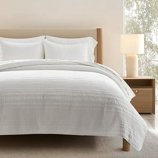 EVERGRACEHOME 100% Cotton Modern Lines Quilt Set Queen Size, Pre-Washed Soft Striped Coverlet Bedspread, 3 Piece Lightweight Bedding Set for All Season, with 2 Pillow Shams, Bright White