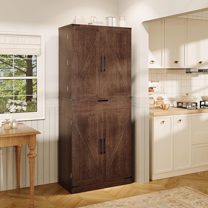 72" Kitchen Pantry Storage Cabinet with Doors and Shelves, Wood Farmhouse Pantry Storage with Barn Doors for Kitchen, Dining Room, Living Room, Dark Brown