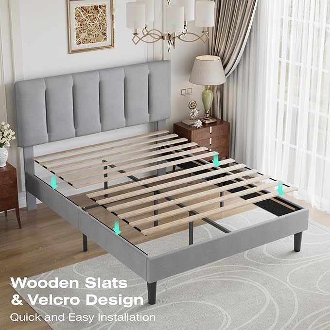 VECELO Queen Size Bed Frame with Upholstered Headboard, Heavy-Duty Bedframe with Strong Wooden Slats Support, No Boxing Spring Needed, Light Grey