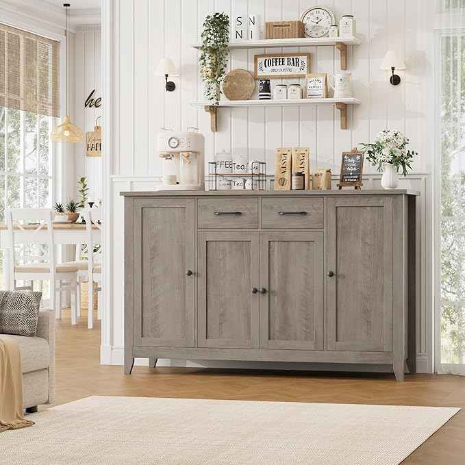 HORSTORS 55" Buffet Cabinet with Storage, Kitchen Buffet Sideboard with Drawers, Large Storage Cabinet with Doors and Shelves, Modern Farmhouse Coffee Bar for Kitchen, Dining Room, Living Room, Grey