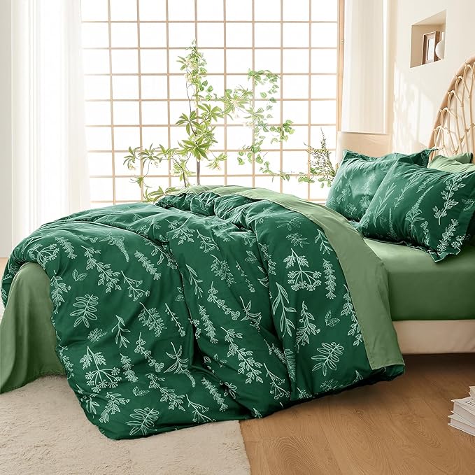 MUXHOMO Emerald Green Bed in a Bag Queen 7 Pieces, Queen Comforter Set Reversible Botanical Flowers Design, Ultra Soft & Breathable Bedding Sets with Comforter, Sheets, Pillowcases & Shams