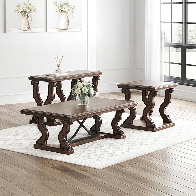 Signature Design by Ashley Maylee Classic End Table with Open Shelf and Scroll Legs, Dark Brown