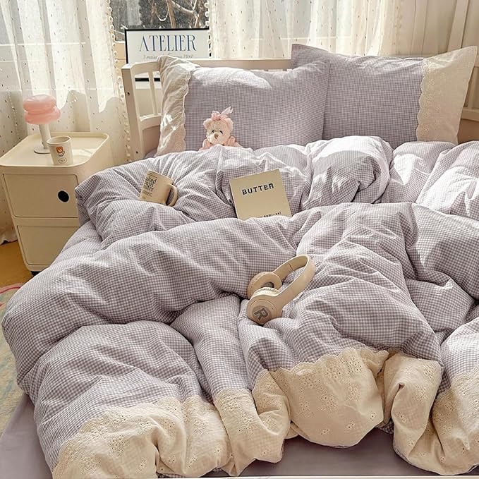 LifeTB Purple Gingham Comforter Set Queen Romantic Lace Style Checkered Pattern Comforter Set Farmhouse Purple Grid Plaid Bedding Comforter Queen Fluffy Soft Lightweight Gingham Bedding Set