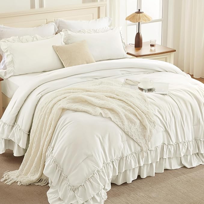 Andency Ivory Comforter Set Queen Size, Lightweight Fluffy Farmhouse Ruffle Bedding Set, Soft Microfiber All Season Shabby Chic Bed Comforter Set 3 Pieces(1 Comforter 2 Pillowcases)