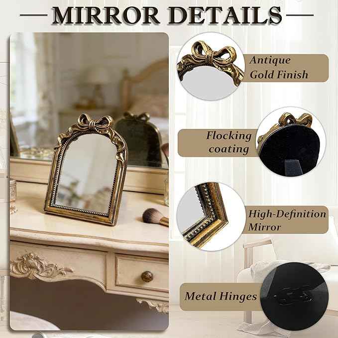 Vintage Carved Resin Desk Mirror 8x6 Inch Decorative Vanity Mirror for Makeup, Dorm, Bedroom & Tabletop Deco