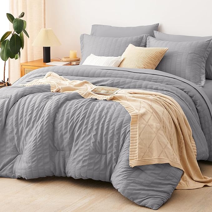 CozyLux Queen Comforter Set Grey Seersucker 7 Pieces Bed in a Bag Queen Comforter Set with Sheets, Gray Luxury Soft Bedding Set with Down Alternative Comforter, Sheets, Pillowcases & Shams All Seasons