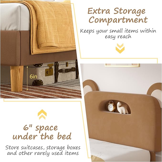 VECELO Twin Size Bed Frame, Bear-Shaped Adjustable Headboard with LED Lights & Storage, Upholstered Platform with Strong Wooden Slats Support, No Box Spring Needed, Brown