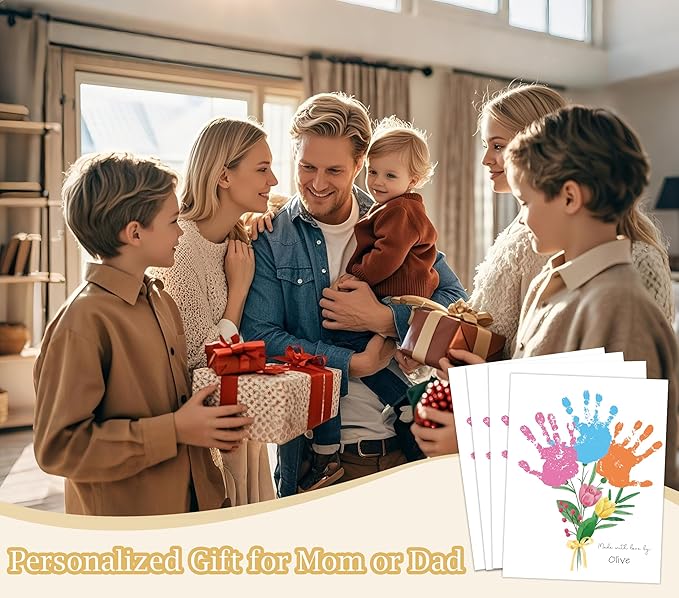 Flower Bouquet Handprint Art Craft Kit Birthday Gifts for Mom & Grandma, 10pcs DIY Baby Hand and Foot Print Greeting Cards, Mothers Day Crafts for Home Party Activities, Newborn Keepsake