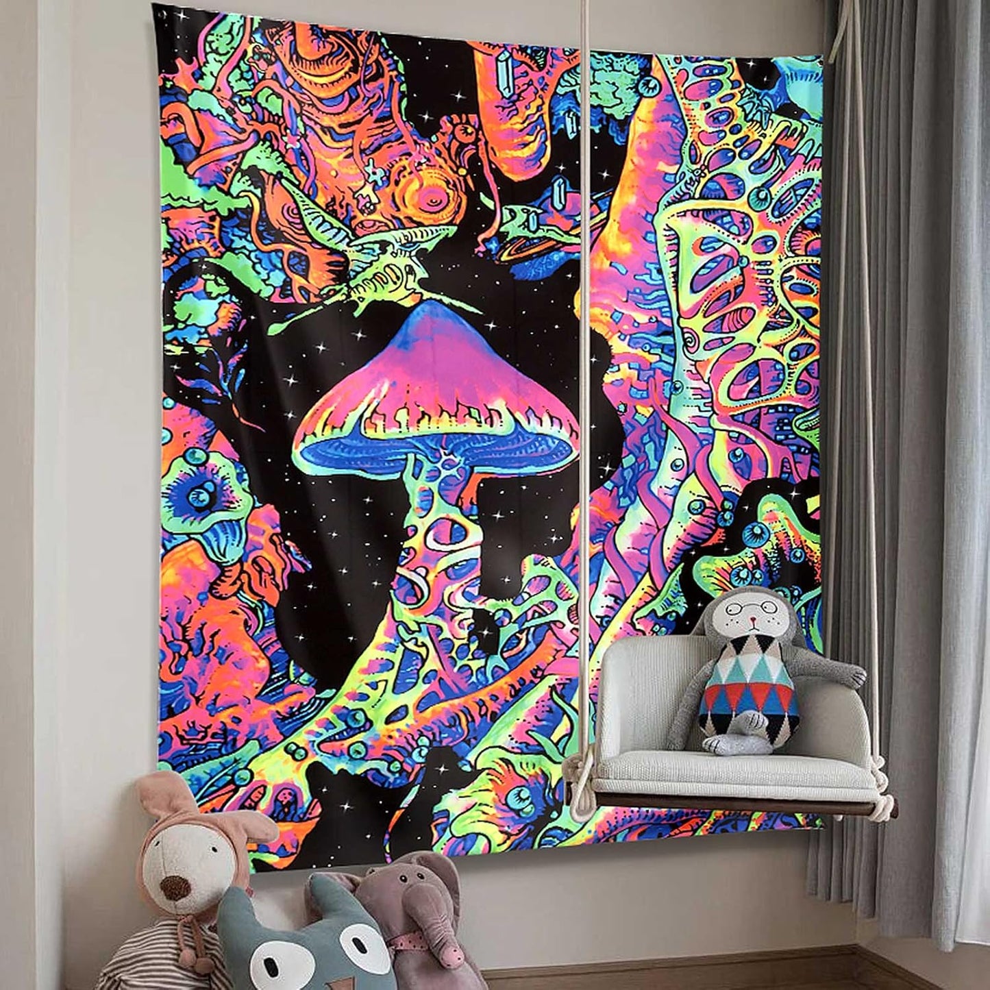 ADDWel Blacklight Mushroom Tapestry, Upright Tapestry Glow In The Dark, UV Reactive Black Light Tapestries Posters Wall Hanging for Backdrop Bedroom Dorm Living Room Decor(60"x80")