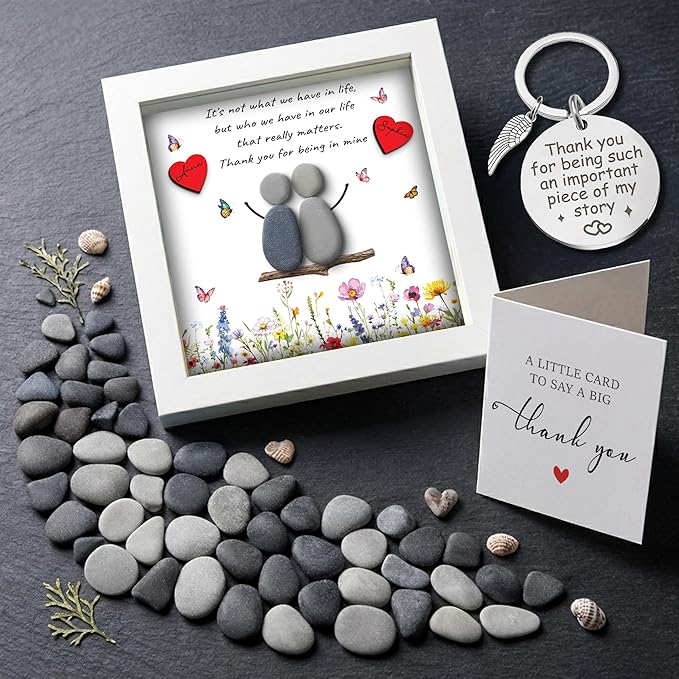 Bestfriend Gifts for Women, Pebble Art Bestie Frame Wall Art, Thank You Soul Sister Keychain, Appreciation Birthday Friendship Gifts for Sisters, BFF, Besties, Friends, Valentines Day Decor S93-47