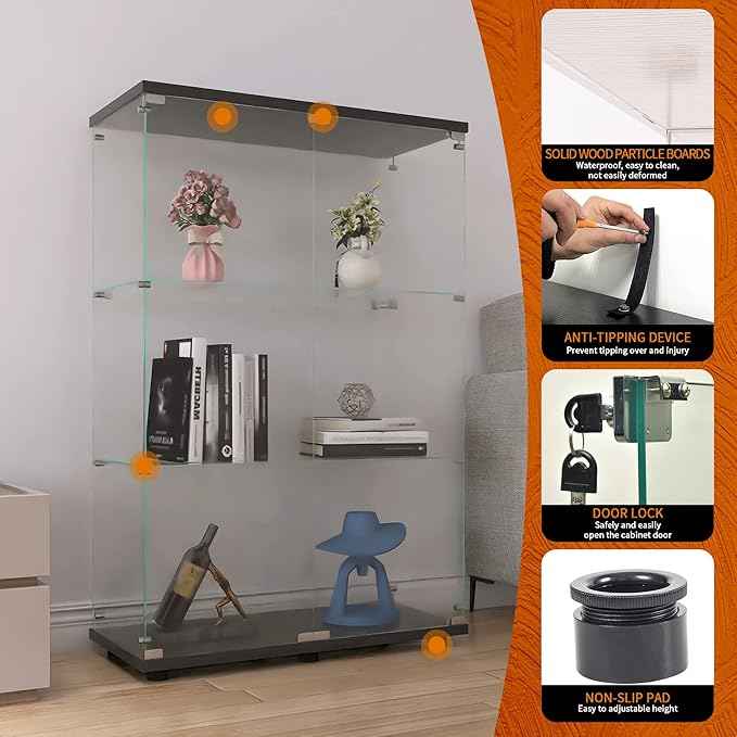 Beauty4U 2 Doors Glass Display Cabinet with 3 Shelves, Curio Cabinets for Living Room, Bedroom, Office, Black Floor Standing Glass Bookshelf, Quick Installation