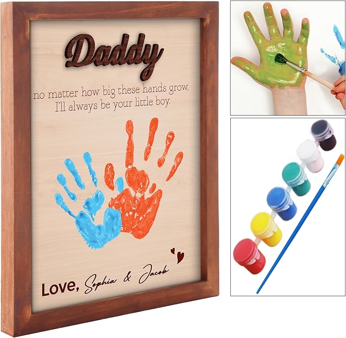 Best Dad Ever Hands Down Sign Handprint Frame with Paint DIY Gift for Father's Day Personalized Engraved Family Names Gifts From Daughter, Son, Kids Keepsake Birthday Gift for Dad, Stepdad, Grandpa