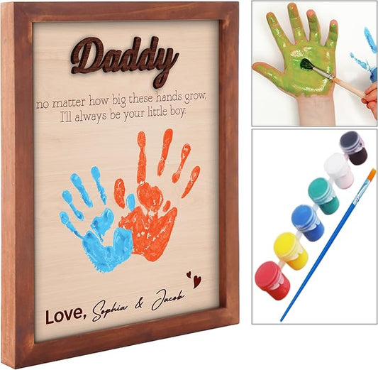 Best Dad Ever Hands Down Sign Handprint Frame with Paint DIY Gift for Father's Day Personalized Engraved Family Names Gifts From Daughter, Son, Kids Keepsake Birthday Gift for Dad, Stepdad, Grandpa