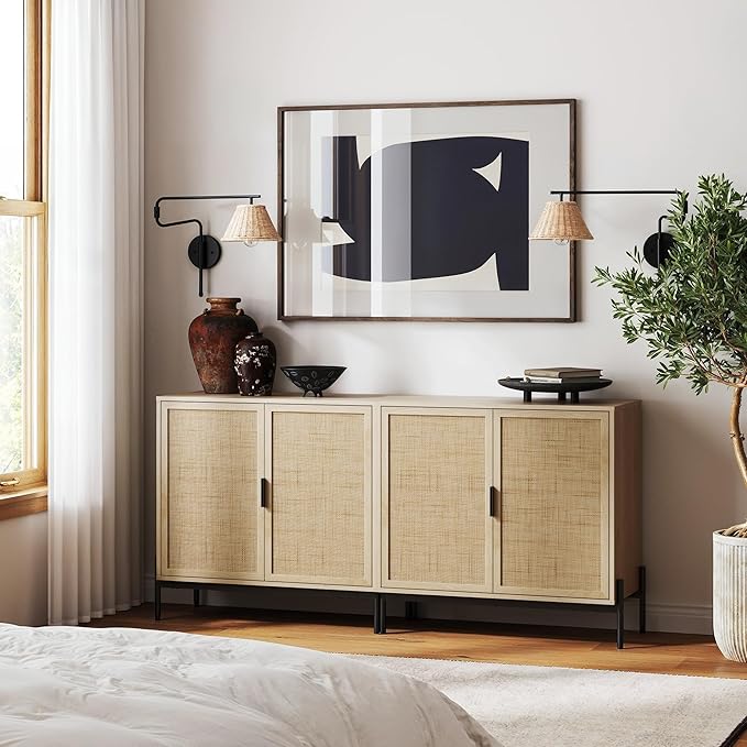 Nathan James Andrew Bohemian Entryway Storage Cabinet or Kitchen Sideboard Credenza, Rattan Accent Cabinet with Metal Legs, Light Oak/Matte Black