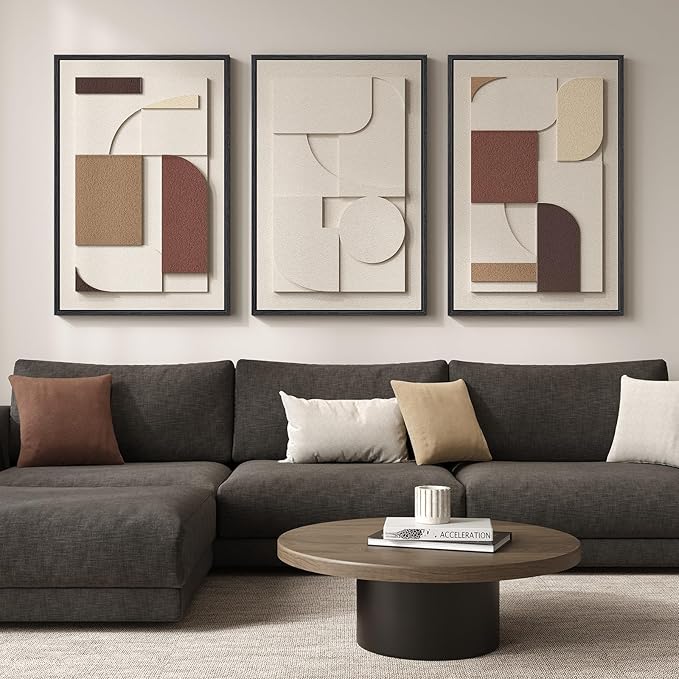 Framed Large 3D Textured Wall Art for Living Room, Brown and Tan Geometric Texture Artwork for Walls, 3 Piece Neutral Modern 3D Sandstone Art Painting for Hallway Office Kitchen Wall Decor, 24x36 Inch