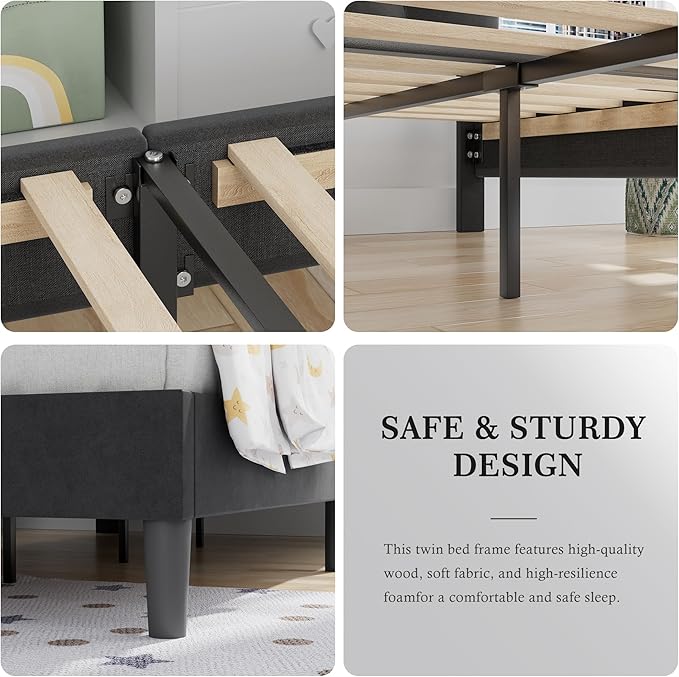 VECELO Twin Size Bed Frame with Upholstered Headboard, Heavy-Duty Bedframe with Wooden Slats & Steel Framework, Easy Assembly, Velvet & Black