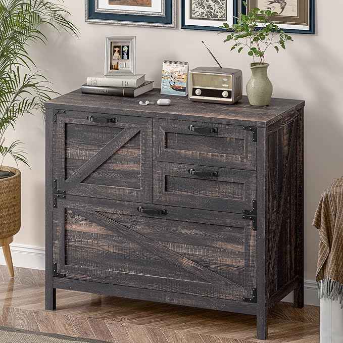 Vabches 4-Drawer Wood Lateral File Cabinet for Hanging Files Letter/A4/Legal Size, Large Farmhouse File Cabinets for Home Office, Printer Stand with Office Cabinets, Office Furniture, Dark Rustic Oak