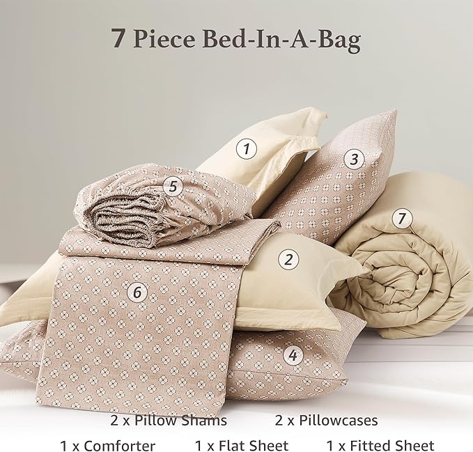 Monbix Queen Comforter Set - 7 Pieces Oatmeal Prewashed Bed in a Bag Queen Bedding Sets with Comforters, All Seasons Ultra Soft Comforter Bed Set with Sheets,Pillowcases & Shams