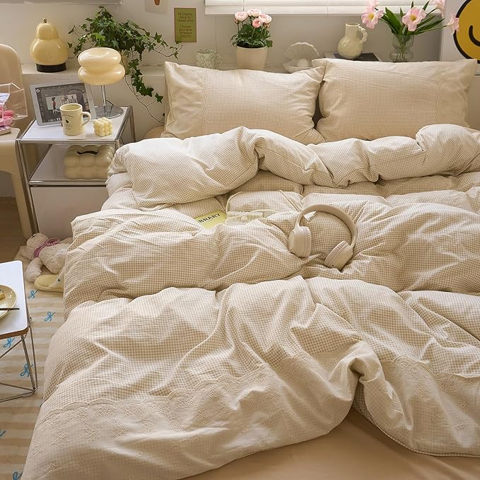 LifeTB Tan Gingham Comforter Set King Romantic Lace Bedding Beige Plaid Comforter Set Vintage Grid Checkered Pattern Comforter with 2 Pillowcases Farmhouse Taupe Plaid Gingham Bedding Set