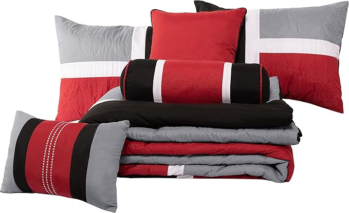 Chezmoi Collection 7-Piece Quilted Patchwork Comforter Set, Red/Gray/Black, Queen
