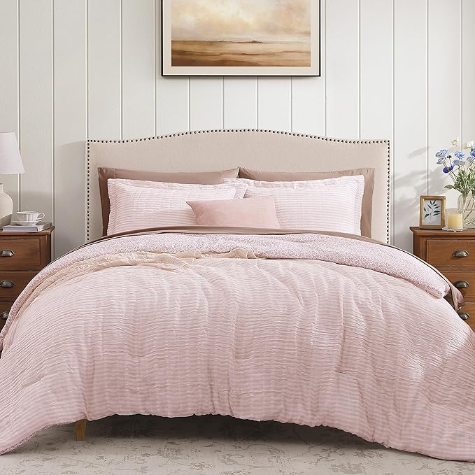 Queen Comforter Set - 7 Pieces Pink Gauze Muslin Bedding Sets for All Seasons, Lightweight Breathable Bed in a Bag Queen with Revesible Farmhouse Comforter, Sheets, Pillowcases & Shams