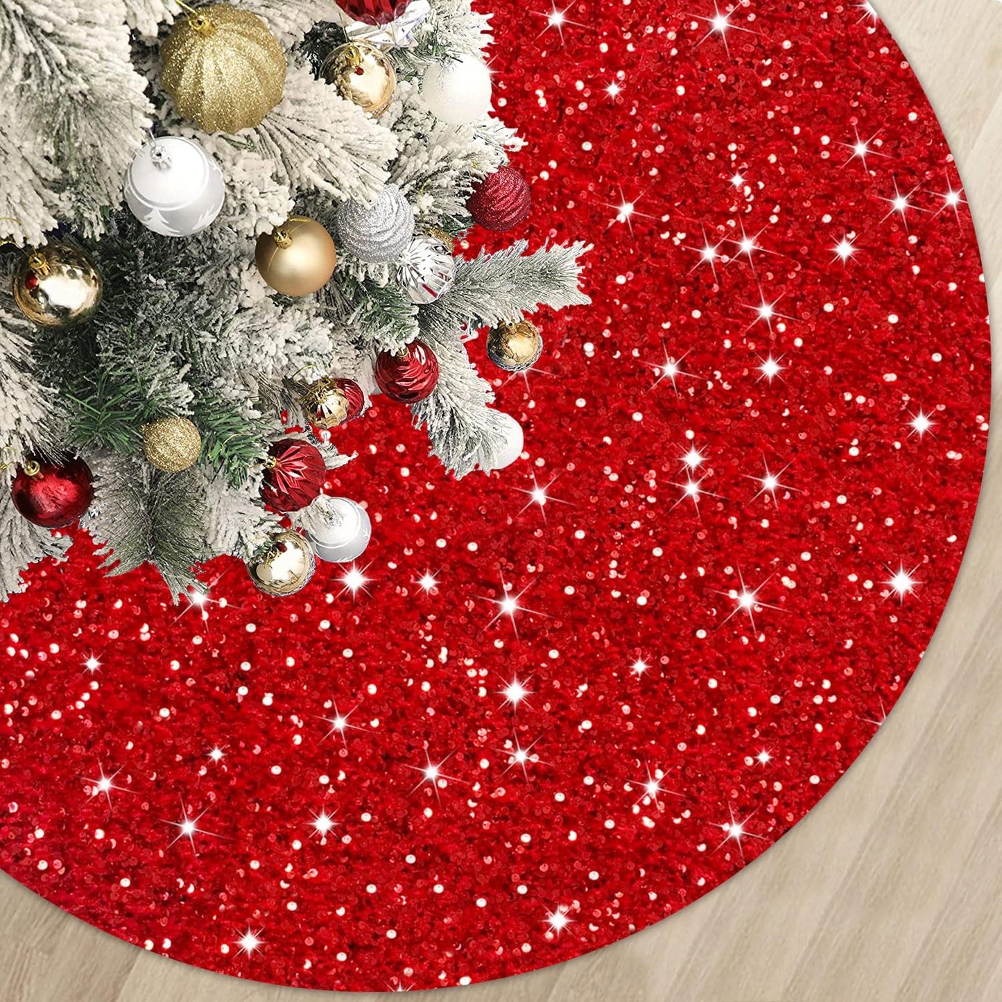 MODFUNS Sequin Christmas Tree Skirt Red Tree Skirt 46 Inch Sparkly Christmas Tree Skirt Thick Velvet Tree Mat Large Sequins Tree Skirts Collar Shimmer Tree Skirts for Christmas New Year Party
