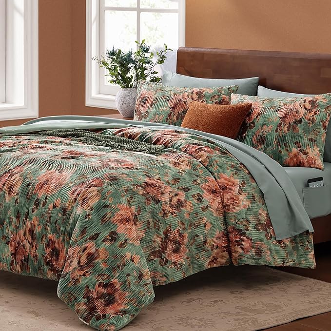 CASAAGUSTO King Comforter Set, 7 PCS Sage & Red Floral Comforter Set with Flowers Leaves Pattern, Soft Velvet Design for Winter King Size Bedding Set(102"X90")
