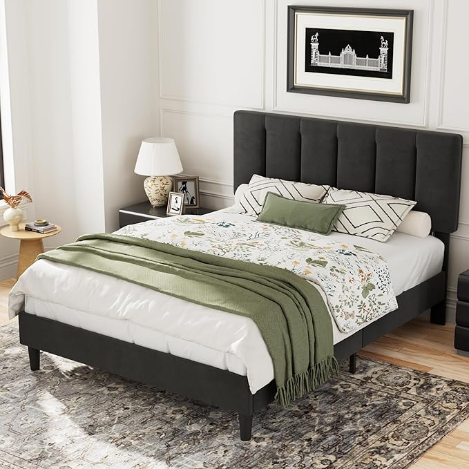 VECELO Queen Bed Frame with Upholstered Headboard, Heavy-Duty Platform Bedframe with Strong Wooden Slats Support, No Boxing Spring Needed, Velvet & Black
