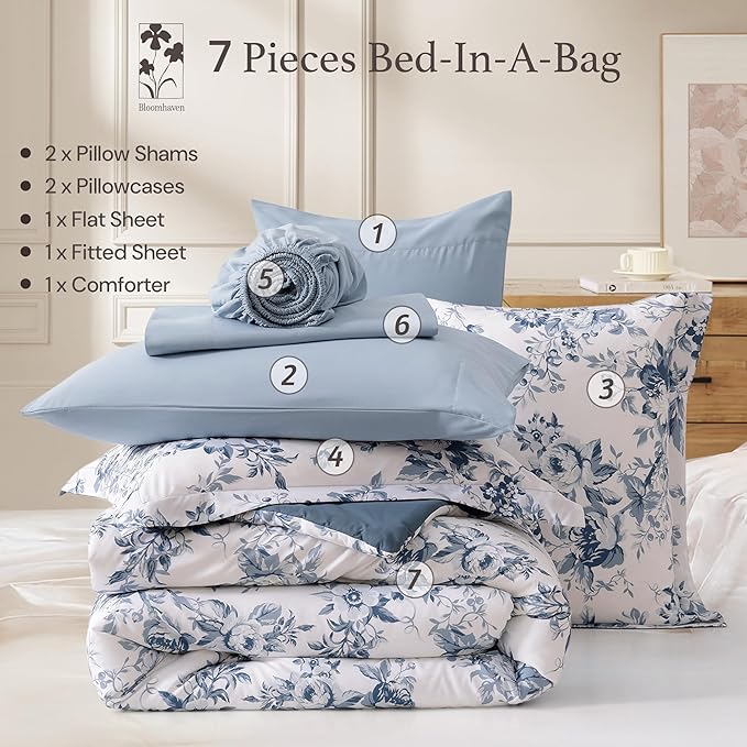 Queen Comforter Set -7 Pieces Floral Blue Comforter Set for All Seasons, Bed in a Bag Queen with Botanical Flowers Comforter, Sheets, Pillowcases & Shams