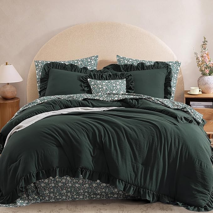King Comforter Set - 7 Pieces Ruffle Forest Green Bedding Sets, Shabby Chic Farmhouse Bed in a Bag with Ruffle Comforter, Floral Sheets, Pillowcases & Shams