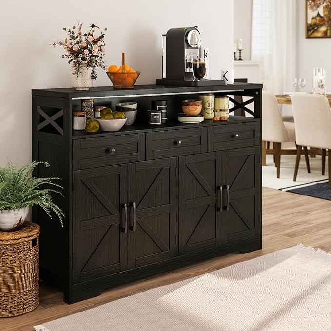 52" L Modern Farmhouse Sideboard Buffet Cabinet, Black Storage Cabinet with Drawers & Shelves, Kitchen Pantry Hutch, Coffee Bar Station Table for Living Room, Dining Room, Entryway