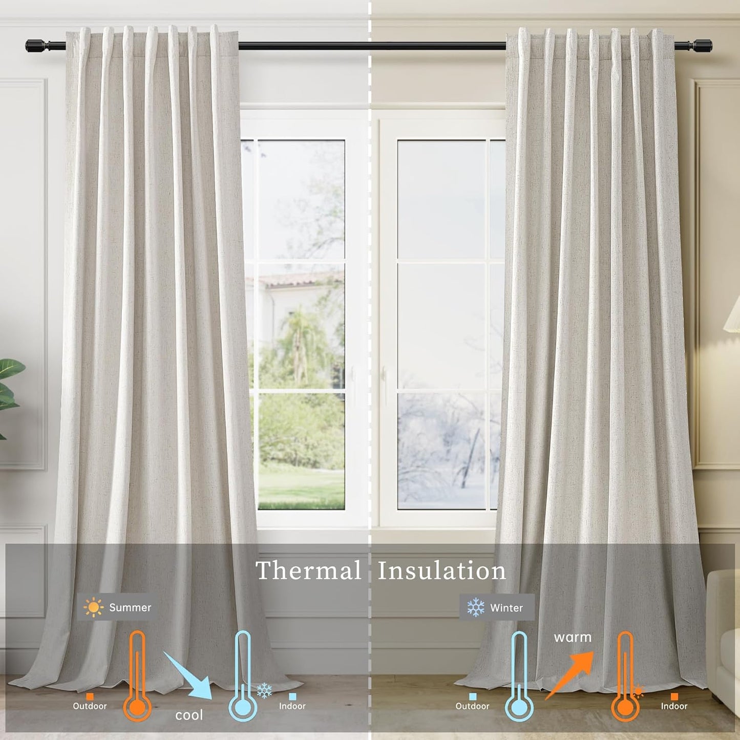 108 Inch Black Out Curtains 2 Panels Set Back Tab Thermal Insulated Natural Linen Textured Blackout Curtains Noise Reducing Cream Colored Neutral Living Room Darkening Window Drapes Pleated 52x108