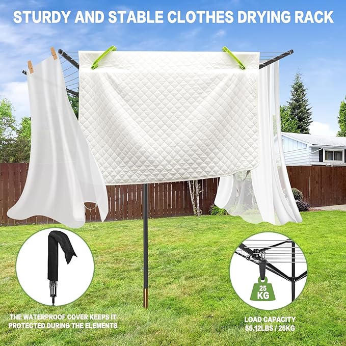 Outdoor Umbrella Drying Rack,Rotary Retractable Clothes Line,Outdoors Adjustable Height Drying Rack Clothing 12 Lines 4 Arms with 165 Feet Drying Space,Collapsible Clothes Drying Rack for Backyard